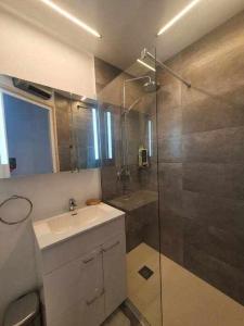a bathroom with a sink and a glass shower at SkiinSkiout Wifi Guardaesquís y Relax TETRAS in Pas de la Casa