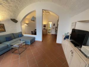 ein Wohnzimmer mit einem blauen Sofa und einem TV in der Unterkunft Villa Gina App 6060 in Brissago