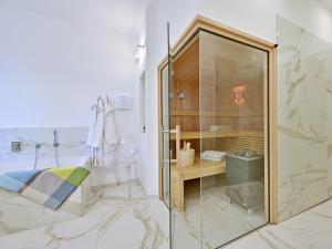 a bathroom with a shower with a glass door at Ferienappartement AM LEUCHTTURM in Mursewiek