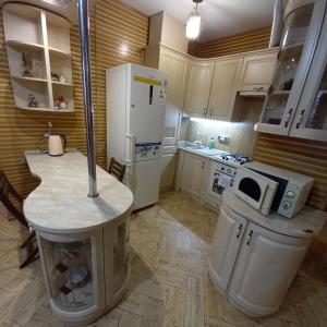 cocina con nevera blanca y cubo de basura en Апартаменты-студио, en Izmaíl