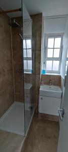 een badkamer met een douche en een wastafel bij Location Location Location, Whole apartment for you! in Londen