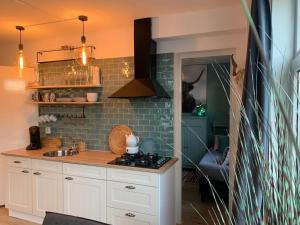 een keuken met een wastafel en een fornuis top oven bij Sunny Reef in Egmond aan Zee