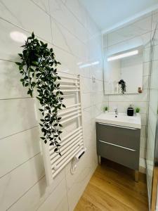 - une salle de bains avec une plante sur le mur à côté d'un lavabo dans l'établissement Appartement luxueux et cosy, à Cergy