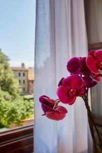 a bunch of purple flowers in a vase in a window at Hotel Orsaria in Venice