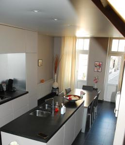 cocina con fregadero y encimera en Iconique bv Appartement in hartje Ieper, en Ypres