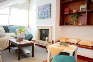 sala de estar con sofá y chimenea en Luxury Singular Apartments, en Santiago de Compostela