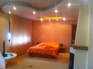 um quarto com uma cama e luzes no tecto em Pensiunea Red Rose Apartments em Timisoara