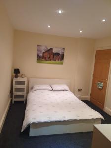 1 dormitorio con 1 cama y una pintura en la pared en Spacious fully furnished 2 bed appartment next to BAE, en Barrow in Furness