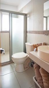 een badkamer met een toilet, een douche en een wastafel bij Shanarani Apartament in Uruapan del Progreso
