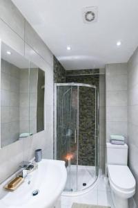 une salle de bains avec douche, toilettes et lavabo dans l'établissement City Sparrow Apartment 3, à Londres