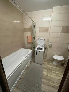 a bathroom with a tub and a sink and a toilet at Hanna's Apartament in Oradea