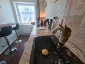 ein Badezimmer mit Dusche und Waschbecken in einem Zimmer in der Unterkunft Überfahrt vor Sylt in Klanxbüll