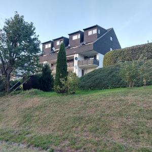 un edificio en la cima de una colina con un patio en Ferienwohnung Am See, en Winterberg