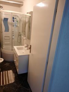 ein Badezimmer mit einem weißen Waschbecken und einer Dusche in der Unterkunft Apartman Kovaci in Sarajevo