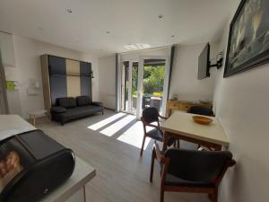 a living room with a bed and a table and chairs at Centre St Jorioz : Charmant et spacieux studio avec terrasse et jardin privatif in Saint-Jorioz