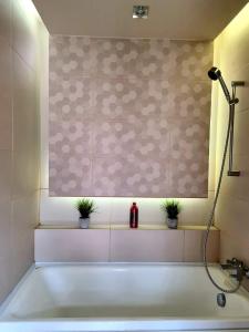 a bathroom with a bath tub with plants in it at Laci lak modern apartment in Oradea +20 photos