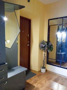 pokój z drzwiami, lustrem i rośliną w obiekcie BuTaS TaUrAgEje w mieście Taurogi