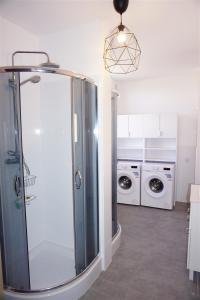 a bathroom with a shower and a washer and dryer at Lemuria Hostel Wrocławska centrum in Legnica