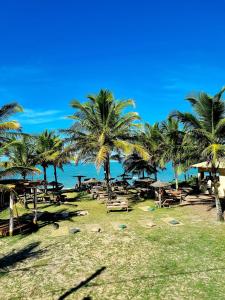 a beach with palm trees and tables and the ocean at Caramuru Hostel Caraíva in Caraíva