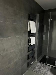 a bathroom with a shower with white towels and a glass shower stall at Moderne, ruhige Ferienwohnung in der Stadtmitte in Hadamar