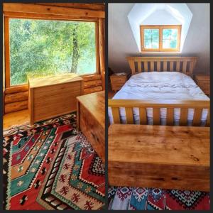 two pictures of a bedroom with a bed and a window at Villa California in Rezine +35 photos