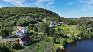 eine Luftansicht eines Hauses auf einem Hügel neben einem Fluss in der Unterkunft Wildlife Panorama Lofoten in Bøstad