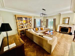 a living room with a couch and a fireplace at Le Coin Vert in Bruges