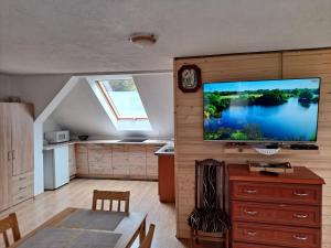 a kitchen with a large flat screen tv on a wall at Agroturystyka pod kasztanem in Lutowiska