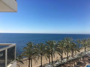 Blick auf einen Strand mit Palmen und das Meer in der Unterkunft Las Palmas 3 in Marbella
