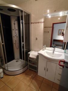 La salle de bains est pourvue d'une douche et d'un lavabo. dans l'établissement FeWo 1 im ehemaligen Geschenkehaus, à Monschau