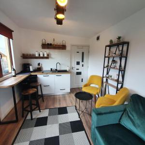 a living room with a couch and a kitchen at Tiny House Colibita in Colibiţa