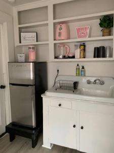 uma cozinha com um lavatório, um balcão e um frigorífico em The Haven em Brookhaven