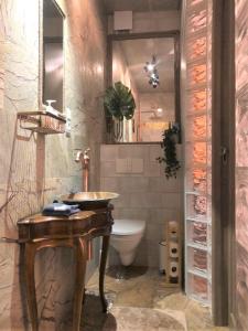 a bathroom with a wooden sink and a toilet at Cozy Studio in Palanga City Center in Palanga