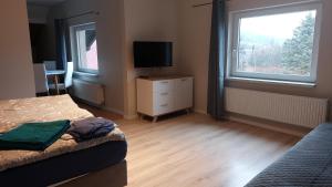 um quarto com 2 camas, uma televisão e uma janela em APARTAMENTY MONTANIA WISŁA em Wisla