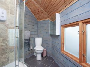 a bathroom with a toilet and a glass shower at Mallard Roundhouse - Uk33891 in Cullompton