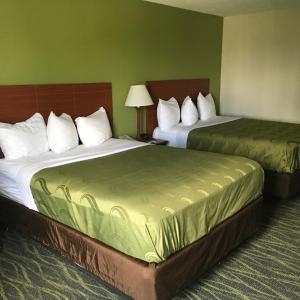 two beds in a hotel room with green walls at Quality Inn & Suites Winter Park Village Area in Orlando