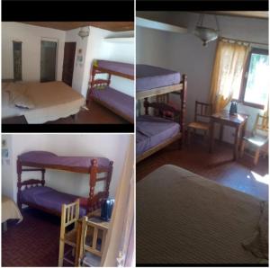 drei Bilder von einem Schlafzimmer mit Etagenbetten und einem Zimmer mit einem Tisch in der Unterkunft ElPoro in Purmamarca + 1 Foto