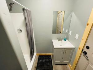 uma casa de banho com um chuveiro, um lavatório e um espelho. em Desert Sage Retreat em Colorado City
