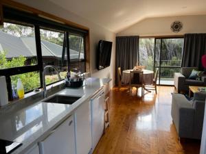 a kitchen with a sink and a living room at Treetops Cottage at the Castle in Whitianga