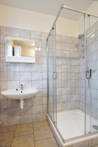 een badkamer met een wastafel en een glazen douche bij NIKA beds in Pardubice