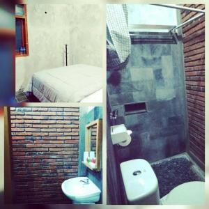 a collage of three pictures of a bedroom and a bathroom at Griyo Jagalan in Borobudur