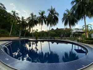 a swimming pool with palm trees in the background at The View Feringghi Executive Apartment in Batu Ferringhi