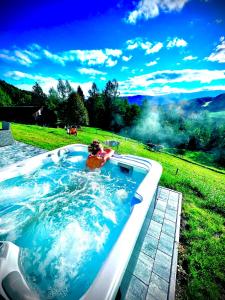 a large jacuzzi tub in a grassy field at Chalet Bergblick in Sankt Blasen