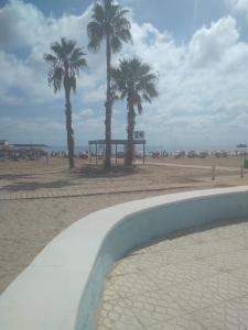 een uitzicht op een strand met palmbomen en een speeltuin bij Apartamento en Torrevieja a 50m playa in Torrevieja