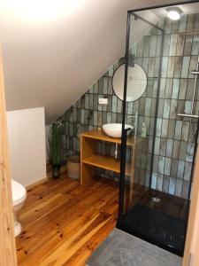 a bathroom with a sink and a toilet at Olszówka in Uścianek