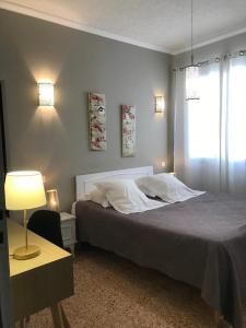 a bedroom with a bed and a table with a lamp at Hôtel Restaurant Les Chasseurs in Marine de Pietracorbara