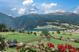 a view of a valley with a lake and mountains at Mein Sonnenhof in San Valentino alla Muta