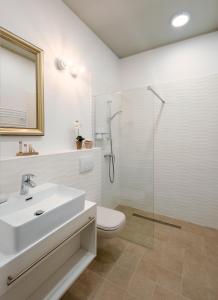 a bathroom with a sink and a toilet and a shower at Ditlin Apartmanok in Pápa