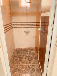 a shower with a glass door in a bathroom at Wadi Rum Desert Wonders in Wadi Rum