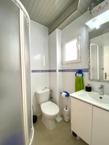 bagno con servizi igienici, lavandino e specchio di Rosario house a Santa Pola